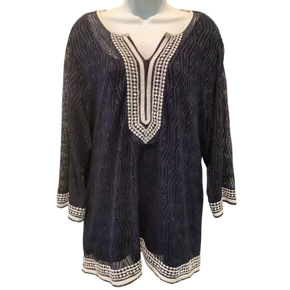 ALFRED DUNNER NAVY BLUE/WHITE LACE TRIM WOMEN’STUNIC TOP 3X - Picture 1 of 7